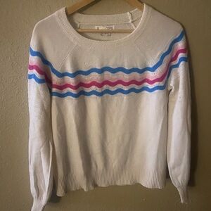 Odd Molly White Sweater with Blue and Pink Waves